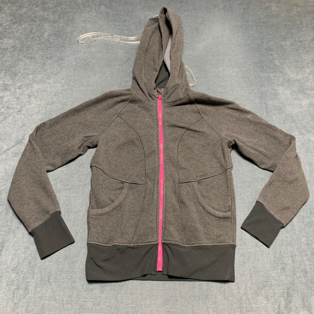 Athleta Hoodie Girls L/12 Gray Cotton Stretch Full Zip Pockets Thumb Hole Sleeve